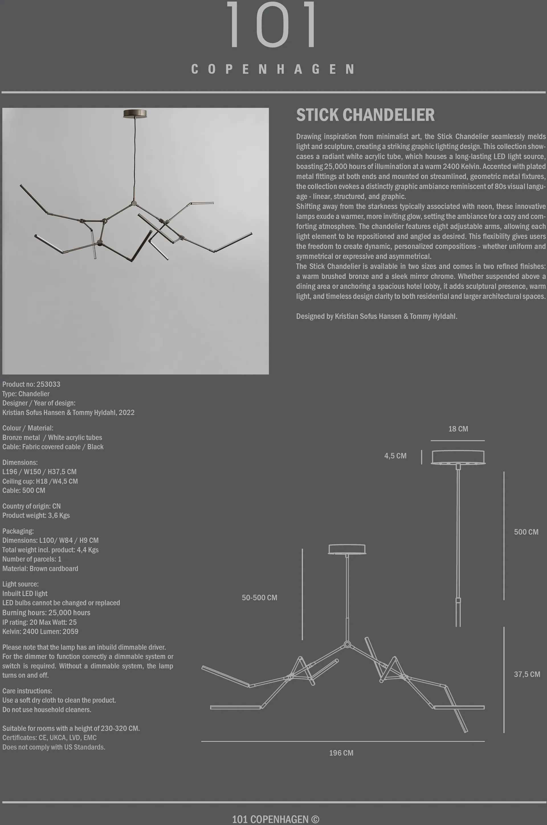 Stick chandelier lysekrone, Bronze 101 Copenhagen