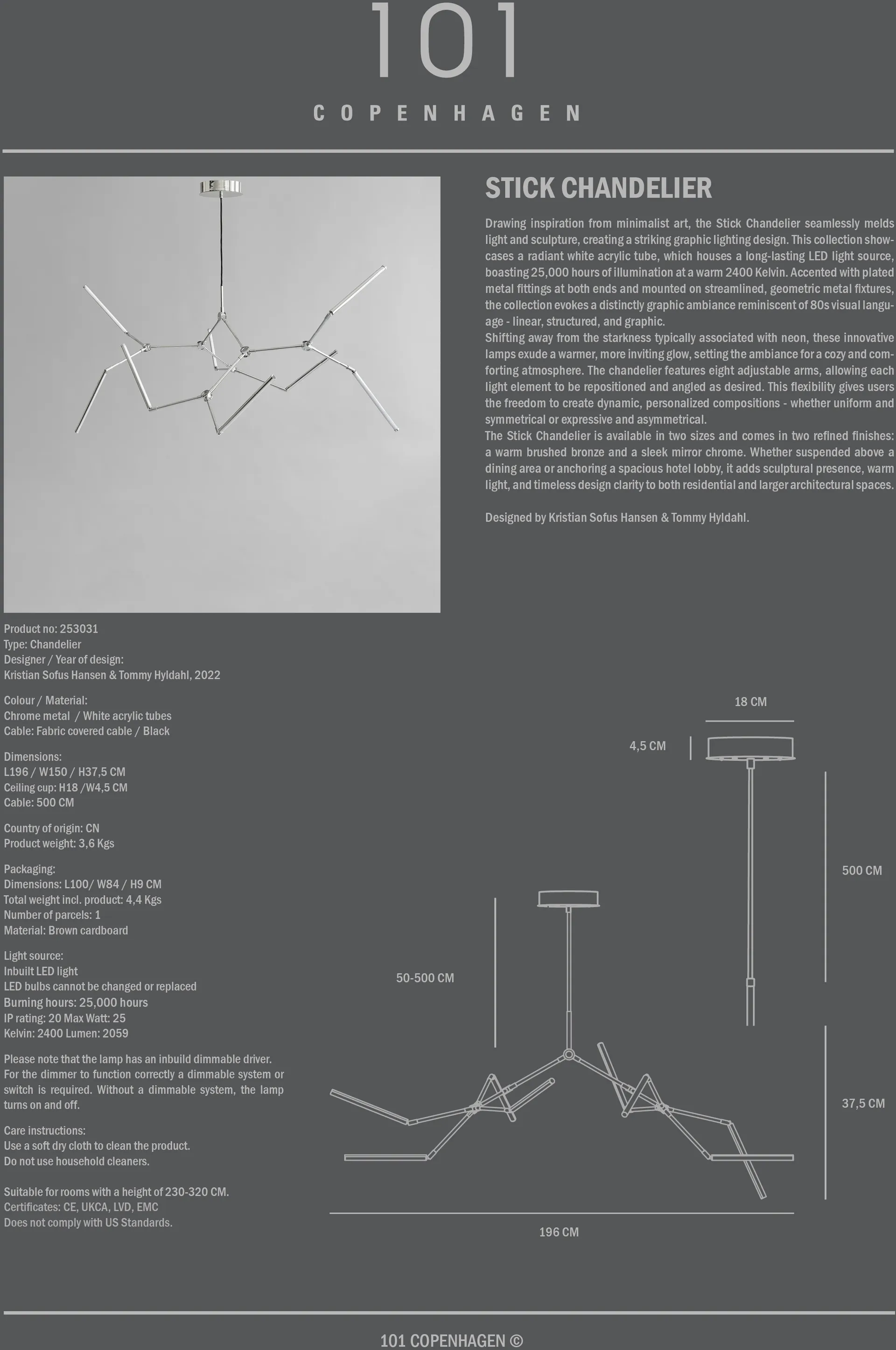 Stick chandelier lysekrone, Chrome 101 Copenhagen