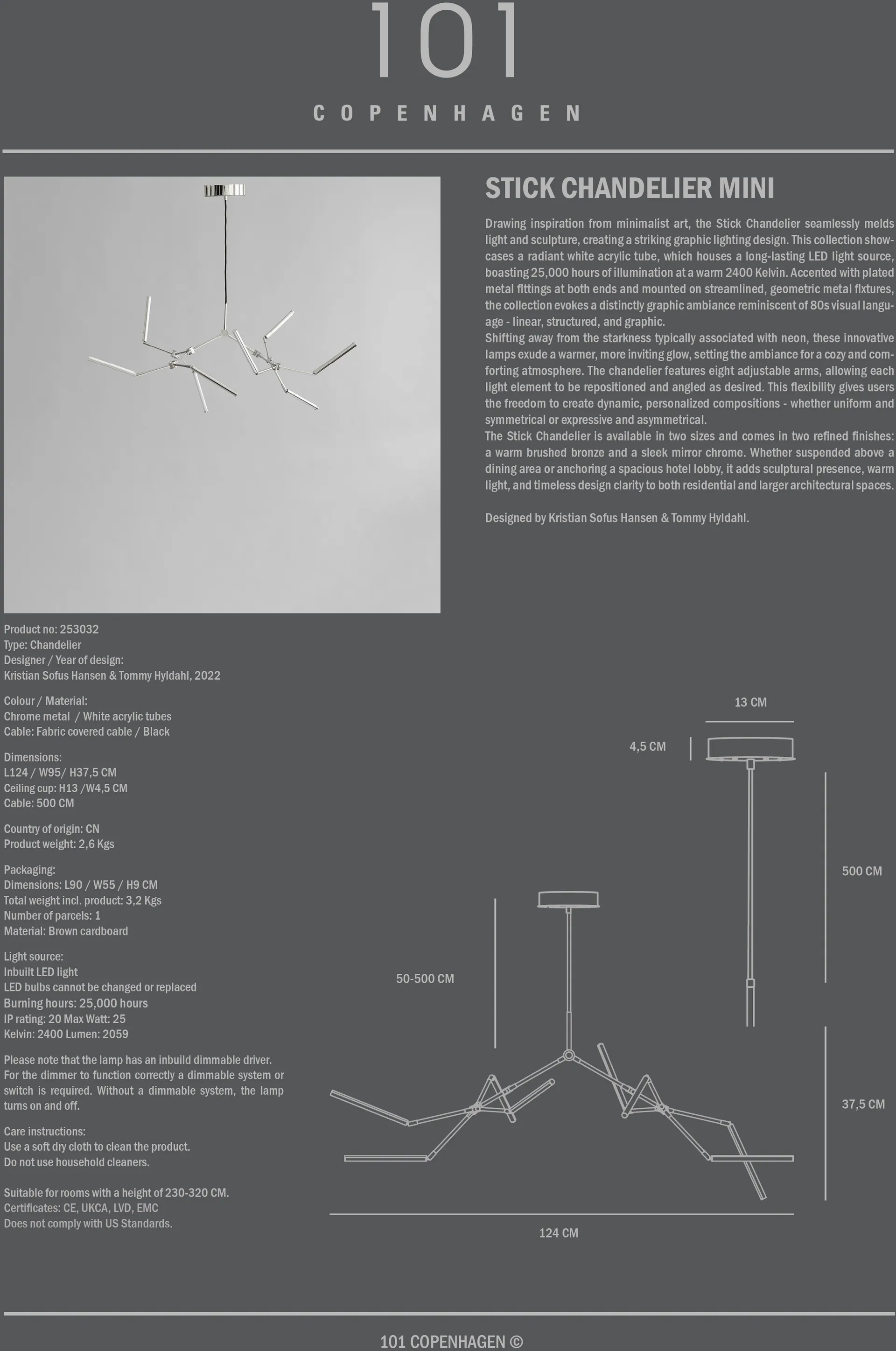 Stick chandelier lysekrone mini, Chrome 101 Copenhagen