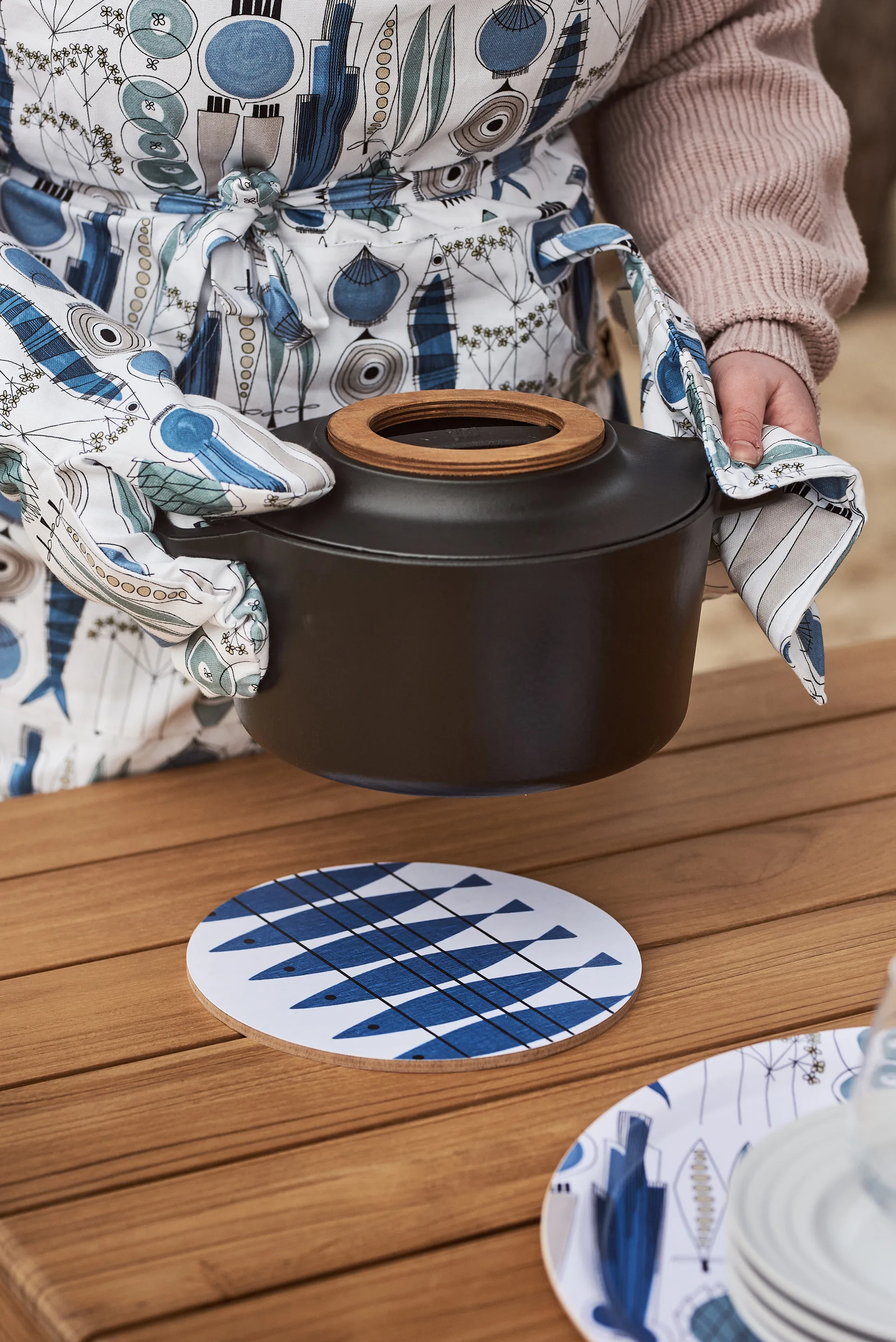 Picknick grydelap 23x23 cm lille mønster, Blå/Beige Almedahls