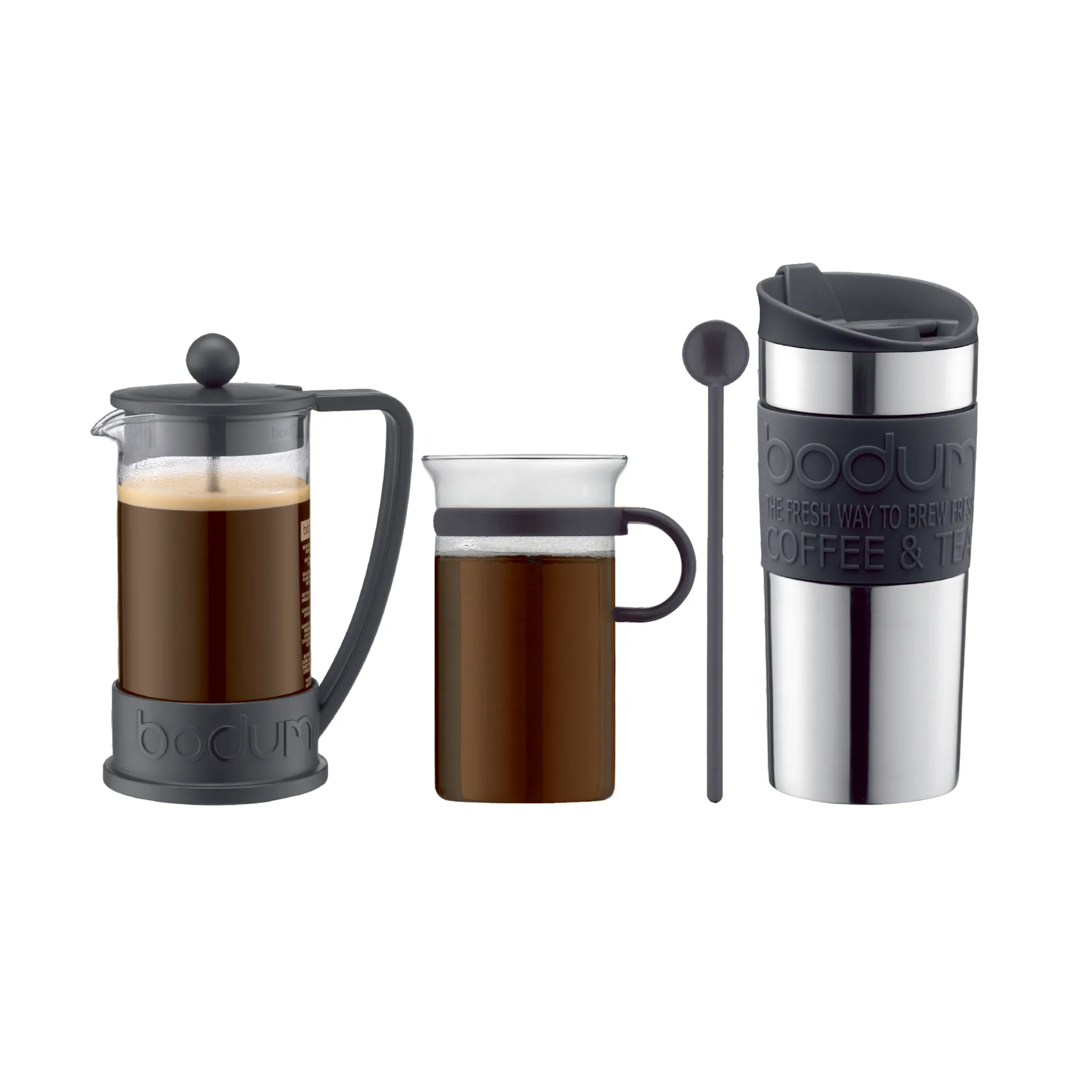 Kaffesæt med stempelkande, kop, rejsekrus og ske, Sort Bodum