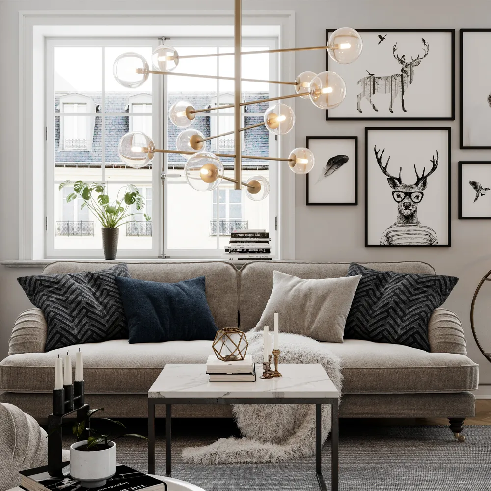 Avenue loftslampe, guld/klar, m/12 lyskilder By Rydéns