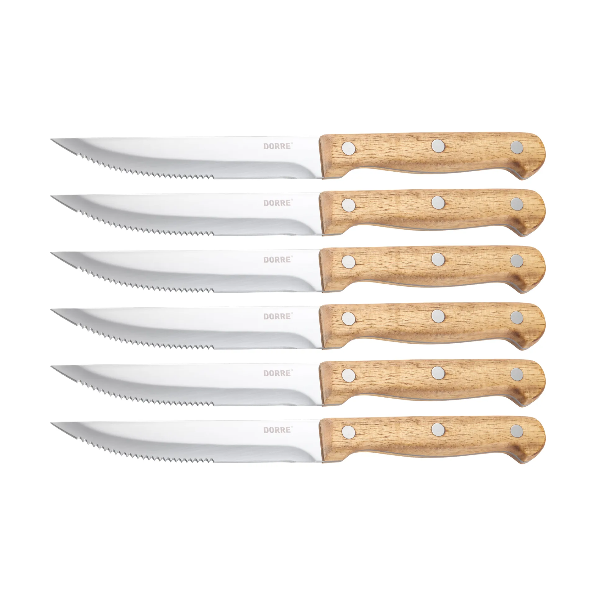 BBQ steakkniv, Rustfrit stål, 6-pak, trææske akacie, 22,5x2 cm Dorre