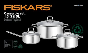 Fiskars gryde- & kasserollesæt med glaslåg 3 dele - Rustfrit stål - Fiskars