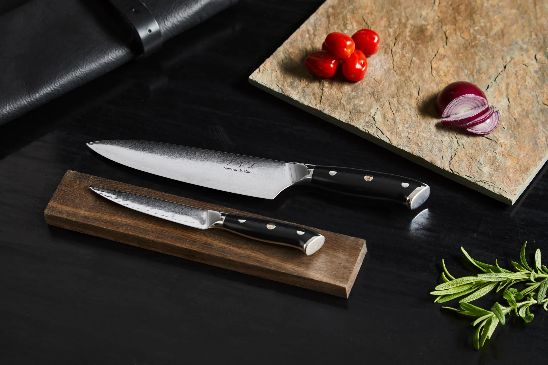 Damascus by Hâws kokke- & universalknivsæt 2-dele, Sort-rustfrit stål Hâws