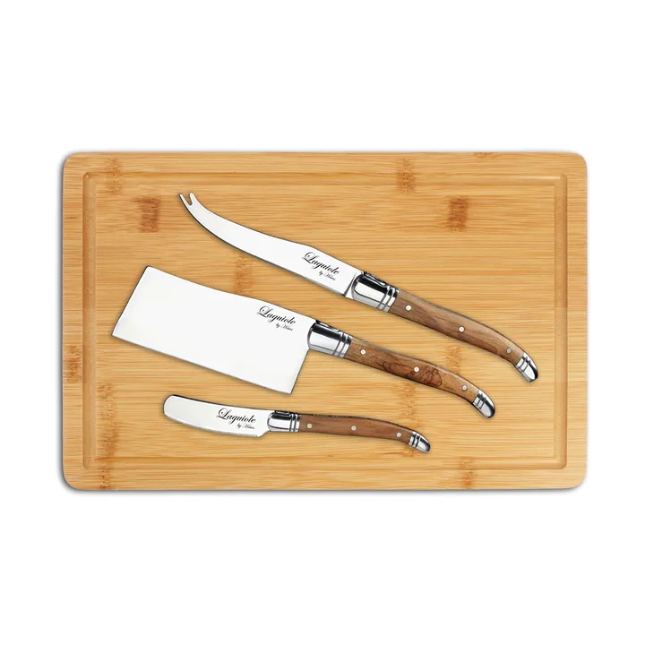 Laguiole By Hâws ostknivsæt med skærebræt 4 dele - Bambus-olivtræ-rustfrit stål - Hâws