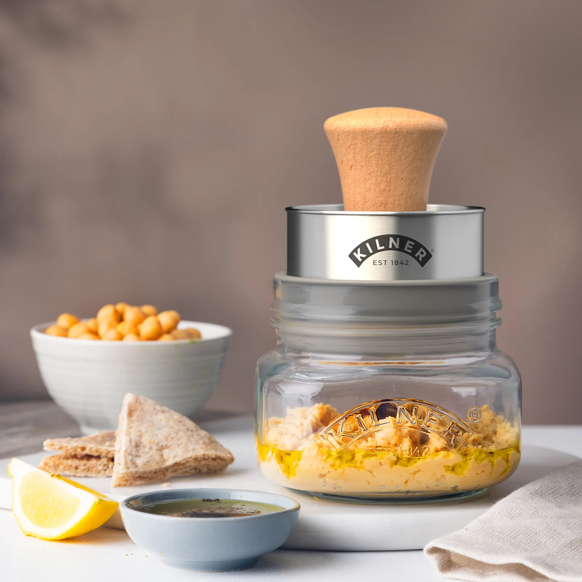 Kilner Mash & Store opbevaringssæt, Klar-rustfrit stål-træ, 0,5 l Kilner
