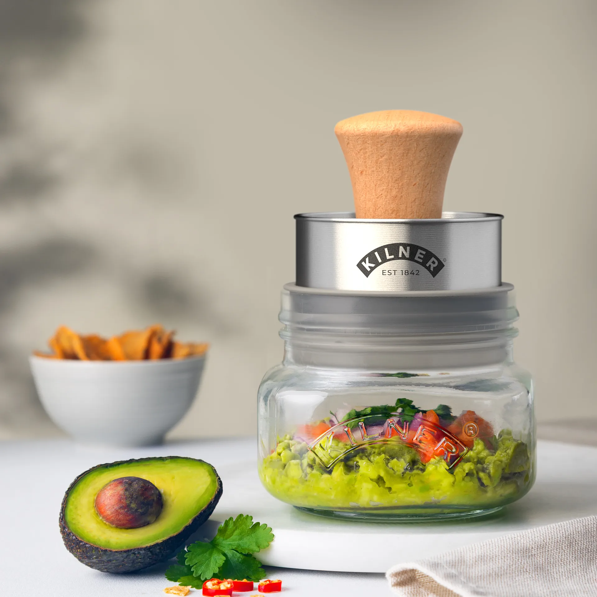 Kilner Mash & Store opbevaringssæt, Klar-rustfrit stål-træ, 0,5 l Kilner