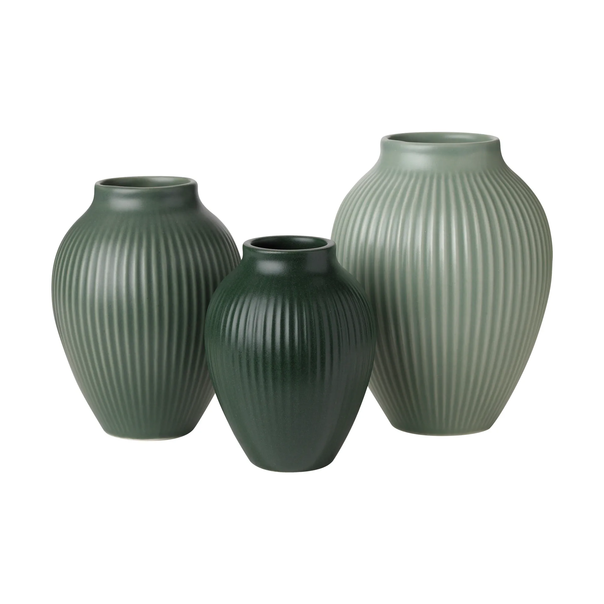 Knabstrup mini vase ripple mat 3‑dele, Misty green-celadon green-dark green Knabstrup Keramik