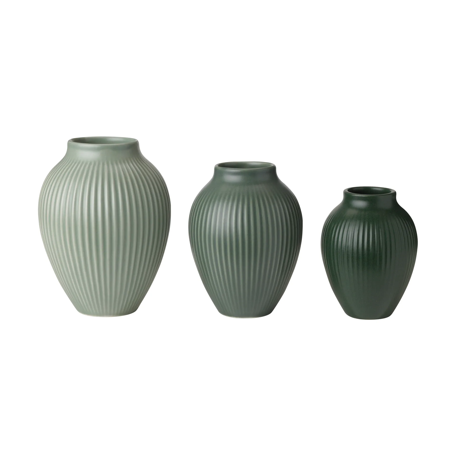 Knabstrup mini vase ripple mat 3‑dele, Misty green-celadon green-dark green Knabstrup Keramik