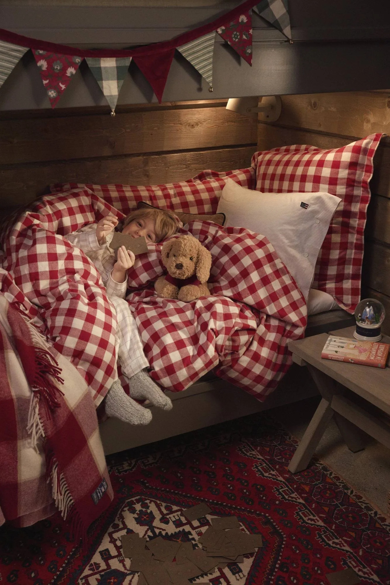 Checked cotton flannel sengesæt, Red-light beige, 50x60 cm/150x210 cm Lexington