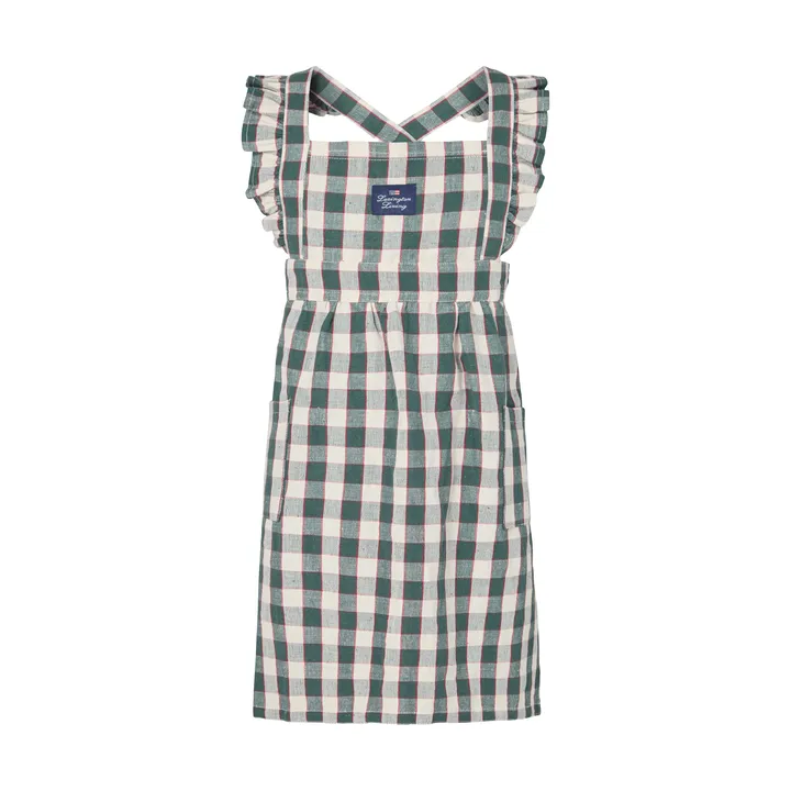 Checked cotton linen børneforklæde - Green-Light beige-red, 4-6 år - Lexington
