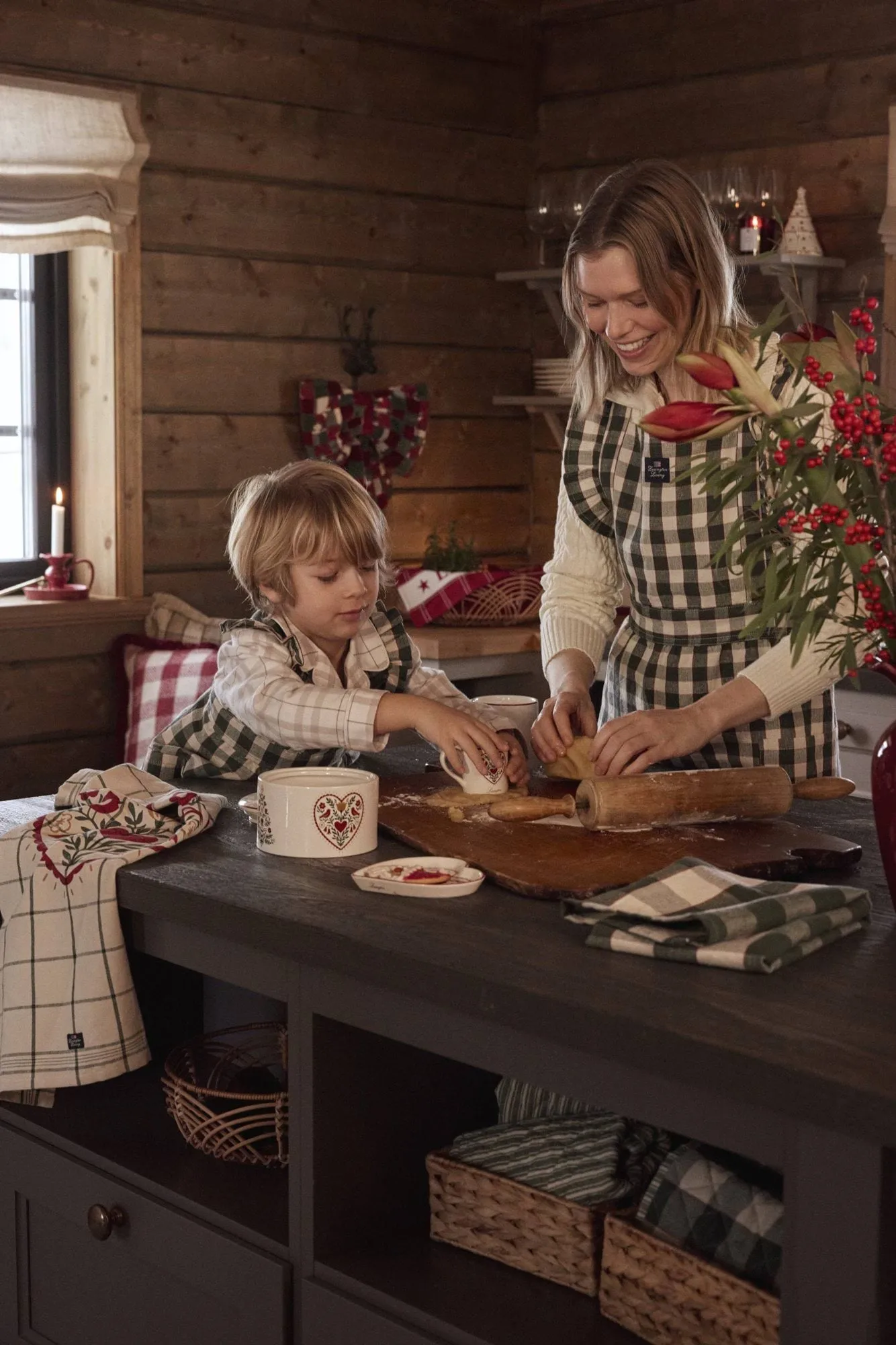 Checked cotton linen forklæde, Green-Light beige-red Lexington