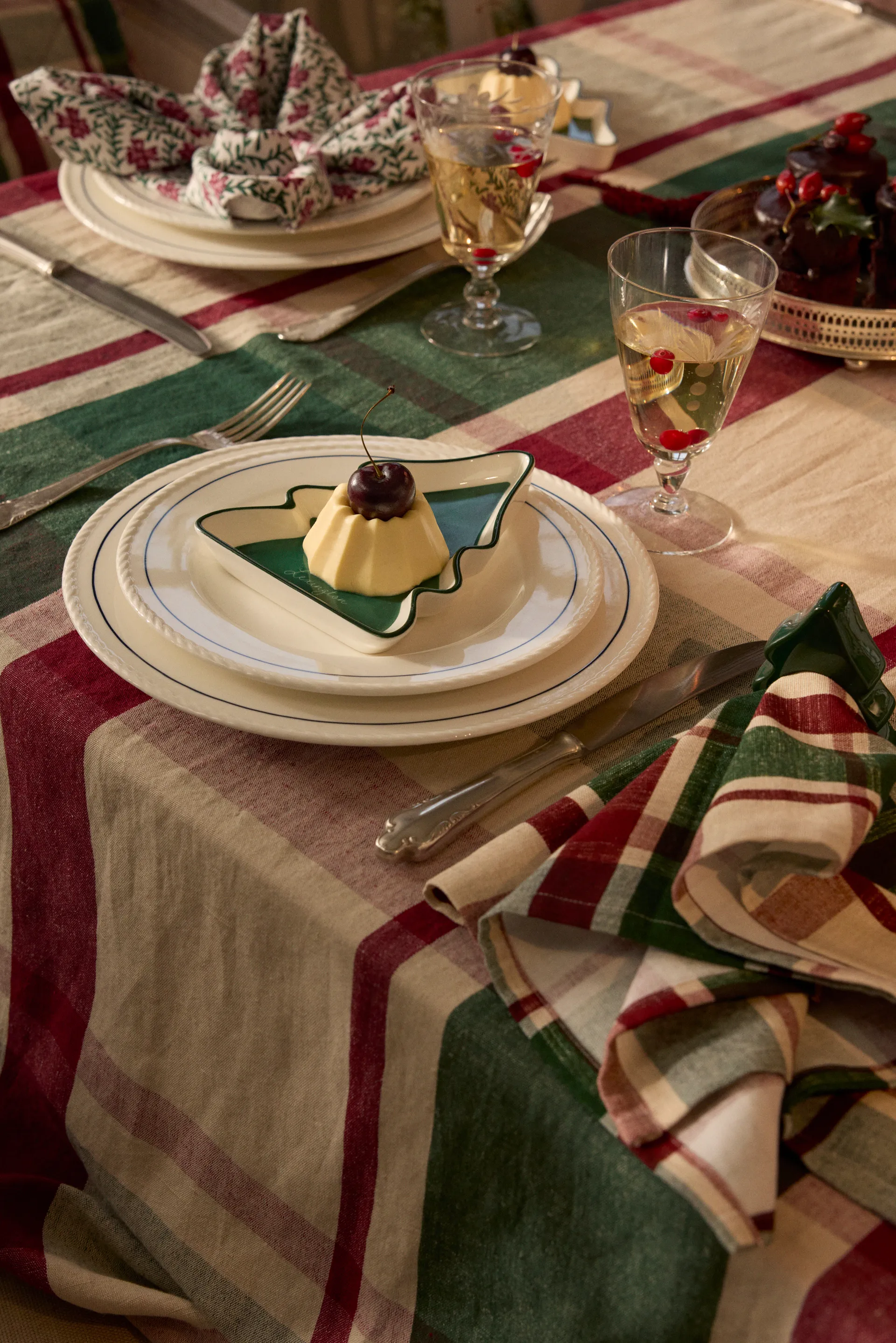 Checked linne/bomulds serviet 50x50 cm, Green-red-beige Lexington