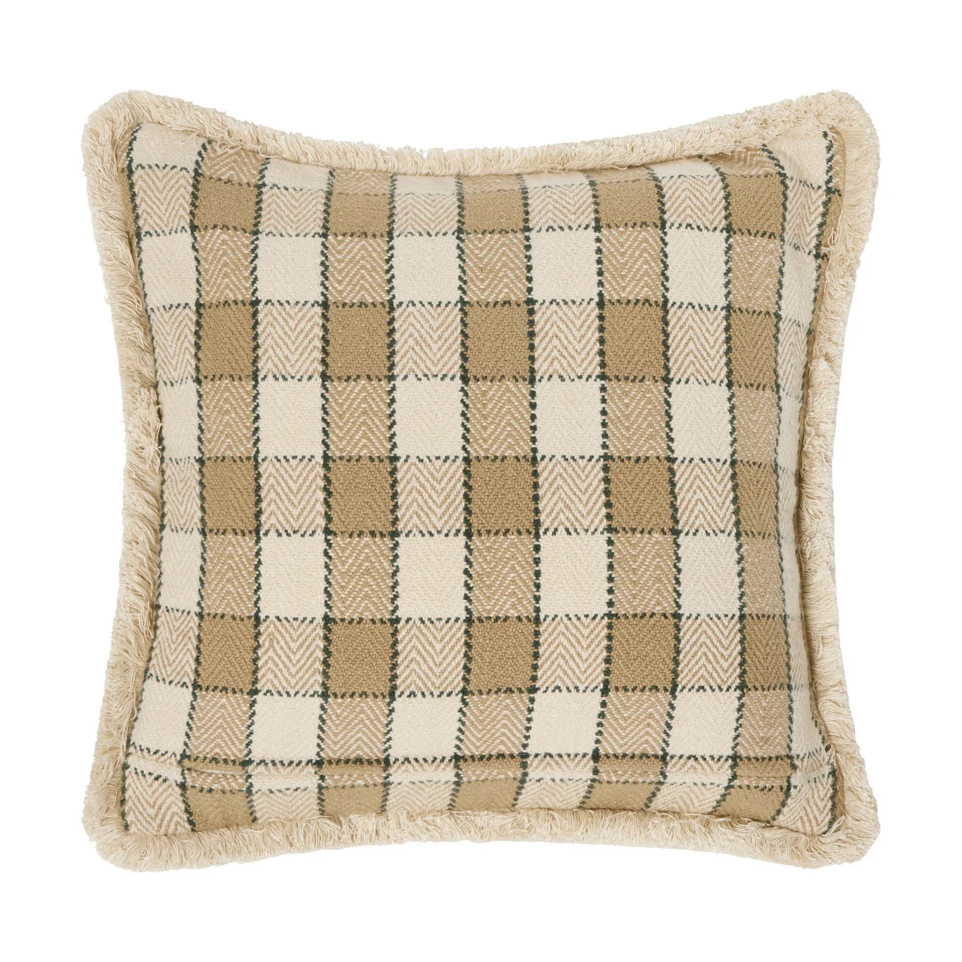 Checked organic cotton fringe pudebetræk, Beige-light beige-green Lexington