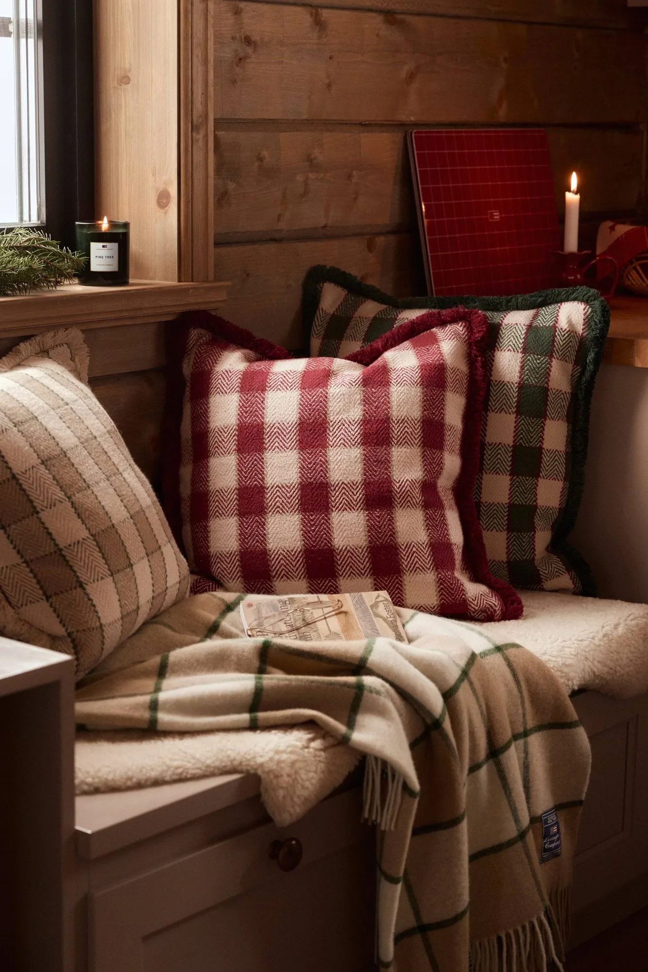 Checked organic cotton fringe pudebetræk, Beige-light beige-green Lexington