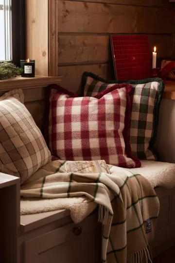 Checked organic cotton fringe pudebetræk - Green-light beige-red - Lexington
