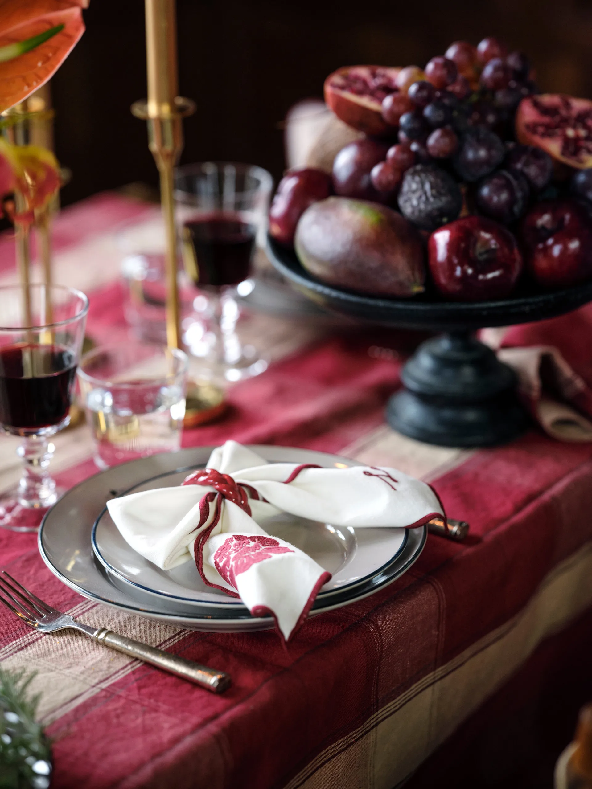 Flower linen-cotton serviet 50x50 cm, Hvid-rød Lexington