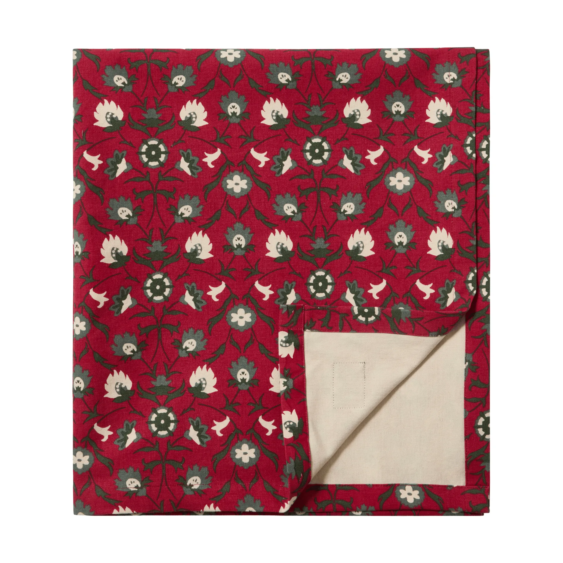 Flower printed økologisk bomuldsdug, Red-beige-green, 150x350 cm Lexington