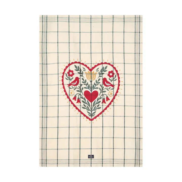 Heart hør/bomuld viskestykke - White-green-red, 50x70 cm - Lexington