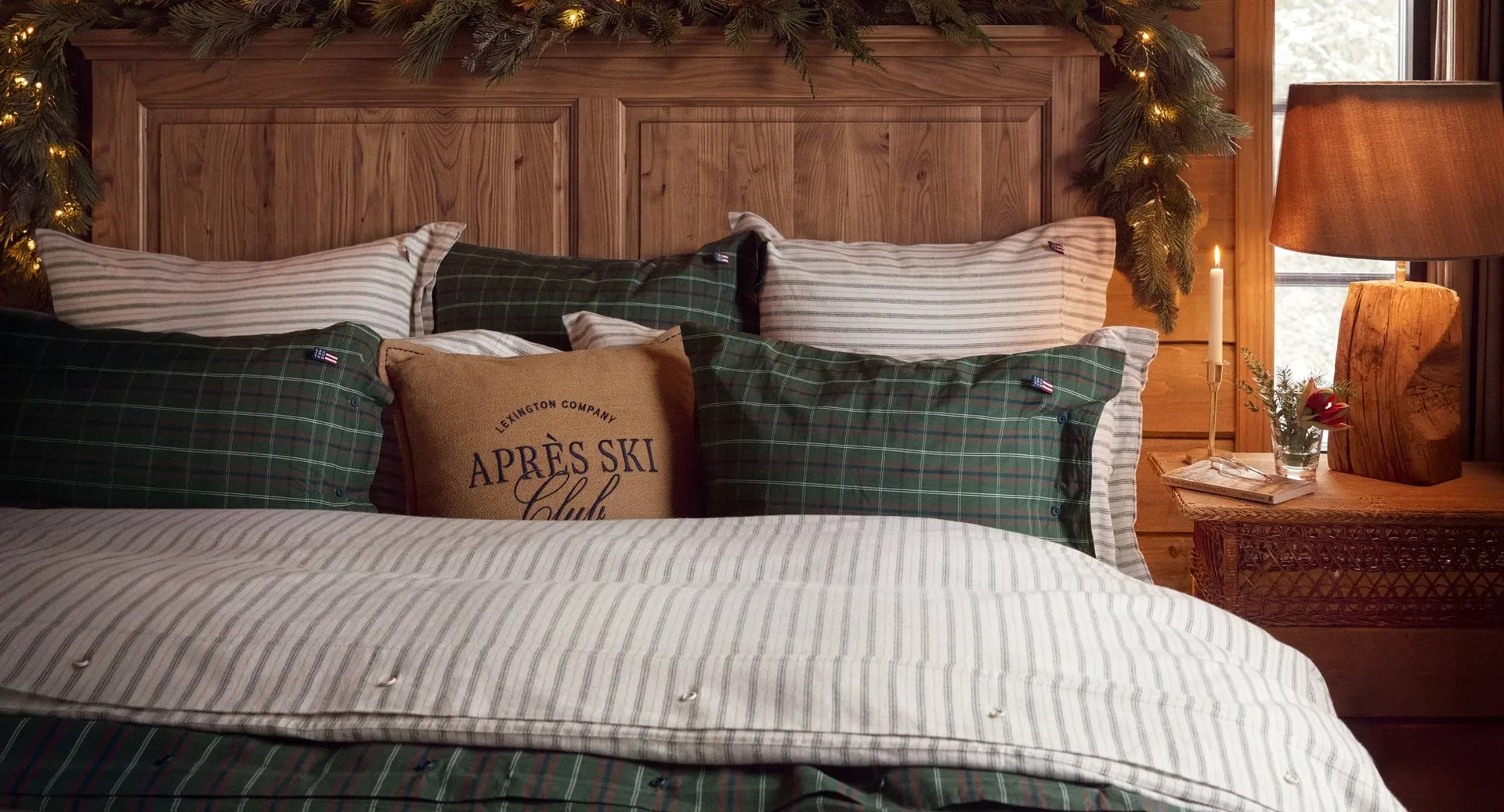 Stripe cotton flannel sengesæt, White-green-beige, 50x60 cm/150x210 cm Lexington