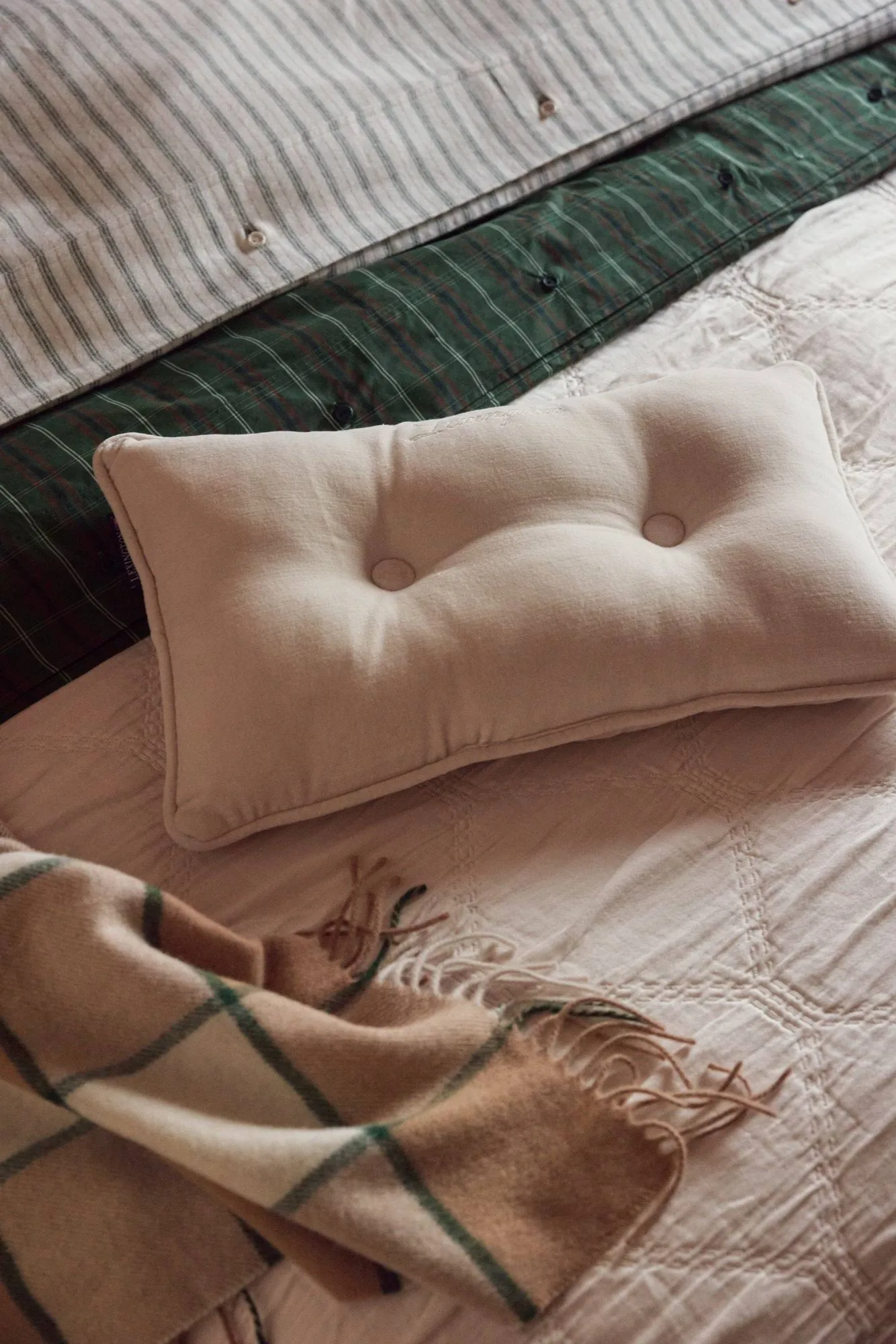 Stripe cotton flannel sengesæt, White-green-beige, 50x60 cm/150x210 cm Lexington