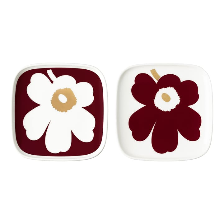 Juhla Unikko fad 10x10 cm 2-pak, Hvid/Vinrød/Guld Marimekko