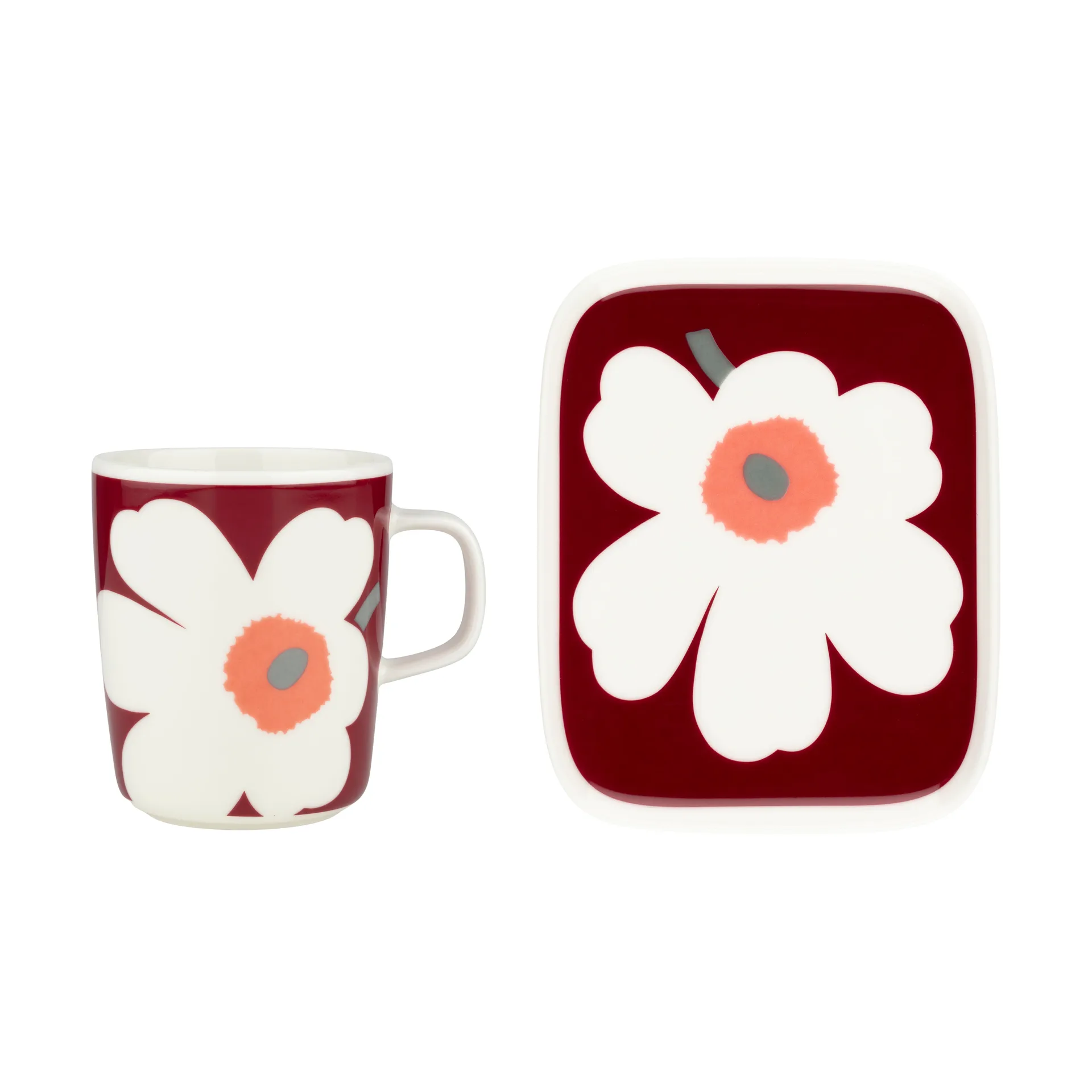 Unikko 60-års jubilæumskrus 25 cl+tallerken 12x15 cm, White-dark cherry-ash grey Marimekko