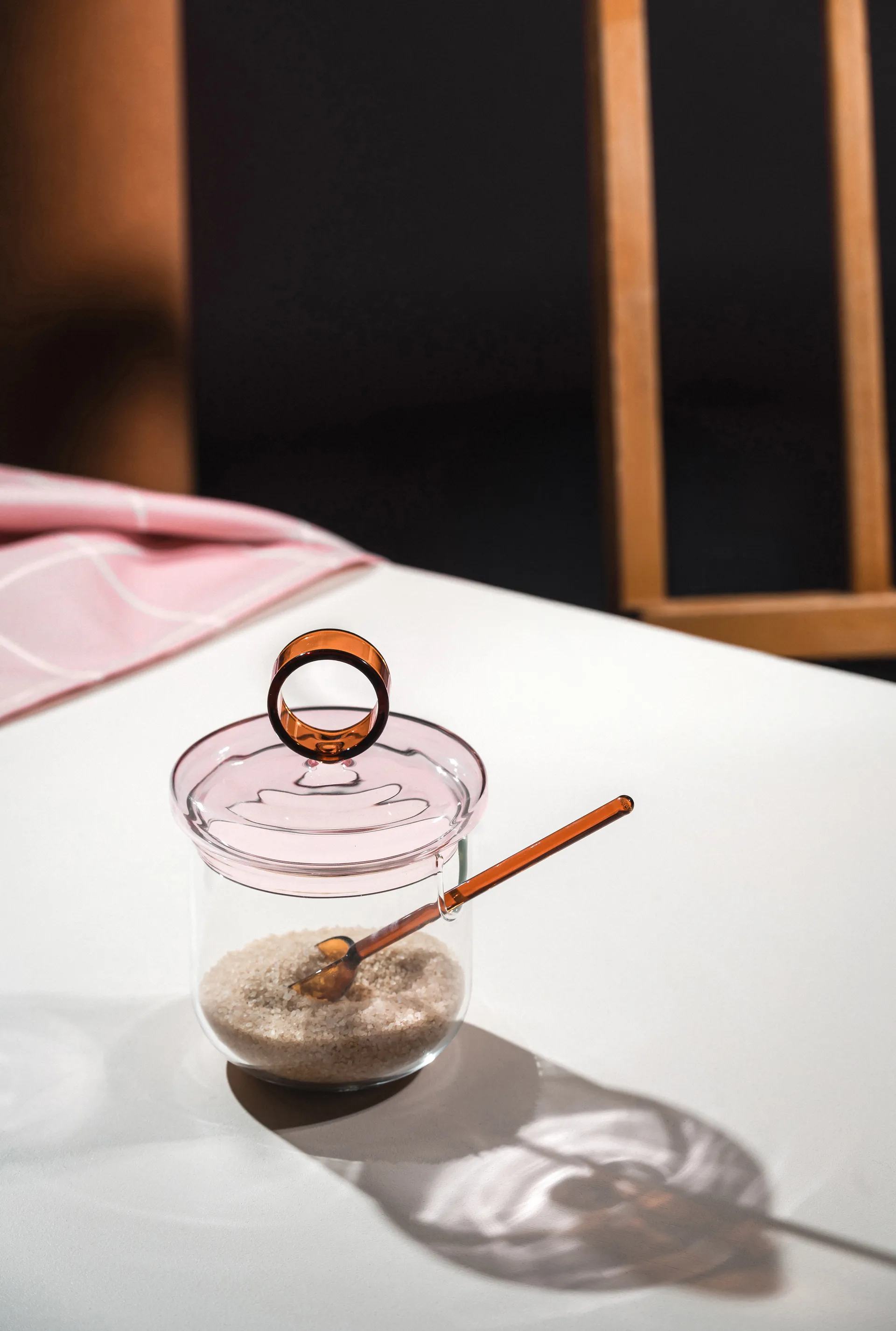 Loop sukkerskål inkl. ske Ø14 cm, Klar-pink-amber Muurla