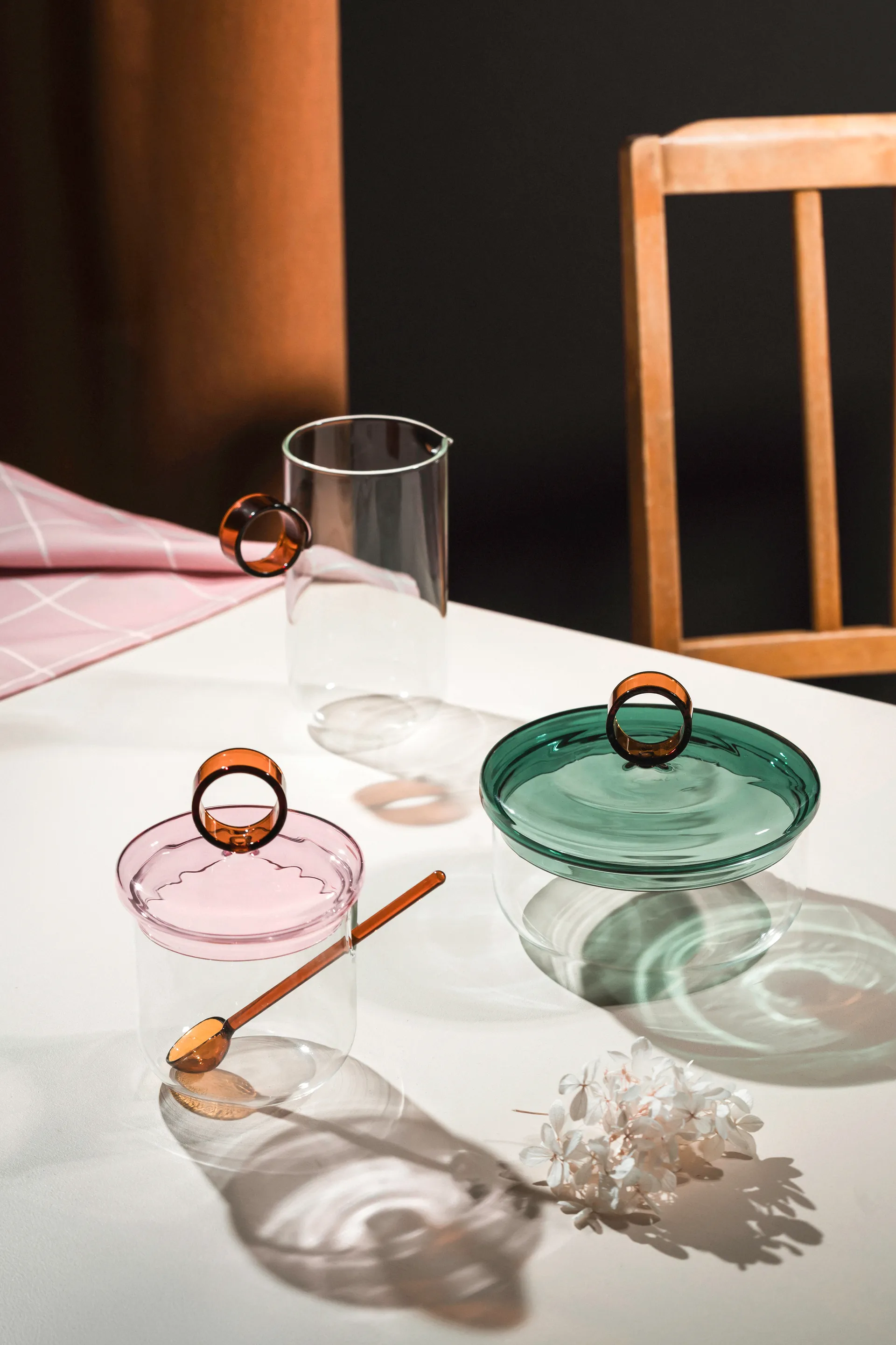 Loop sukkerskål inkl. ske Ø14 cm, Klar-pink-amber Muurla