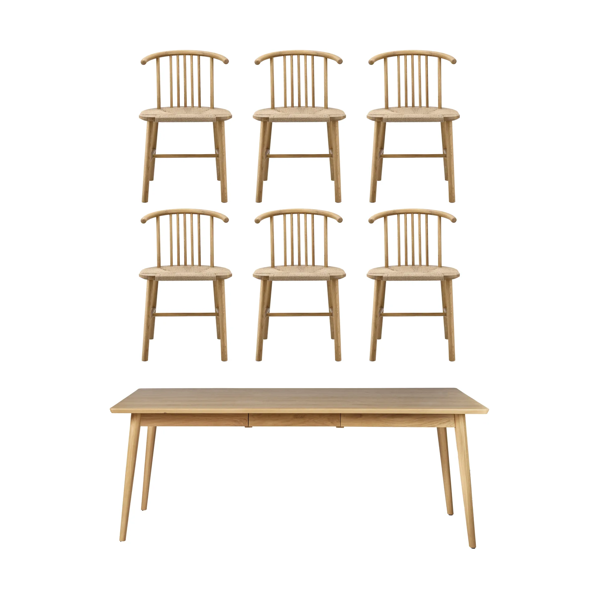 VIOR spisebord 200 cm + stol 6‑pak – Lakeret eg‑natur NJRD