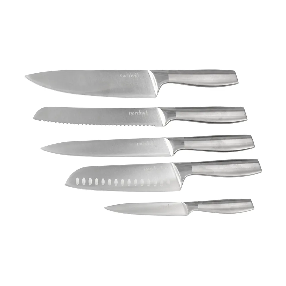 Fem knive i børstet rustfrit stål i ét stykke, fra kokkekniv til urtekniv, på hvid bund