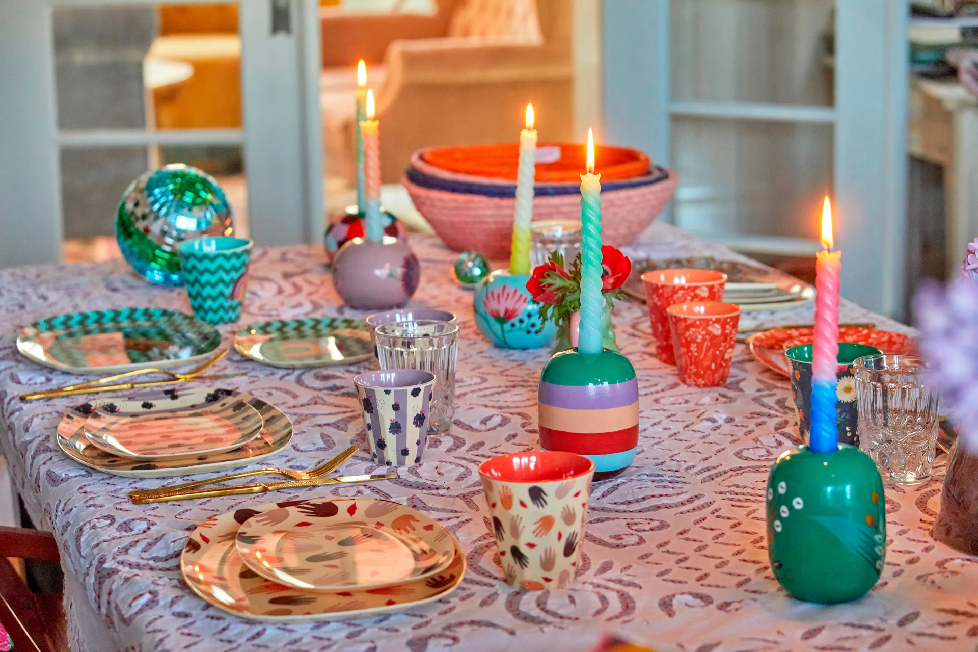 Rice lysestage Ø8,5 cm, Green/Handpainted flowers RICE