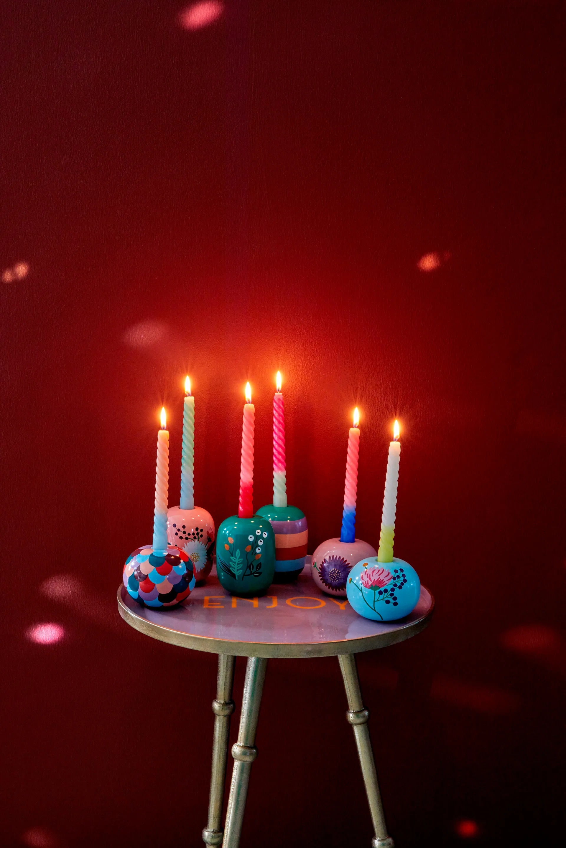 Rice lysestage Ø8,5 cm, Green/Handpainted flowers RICE