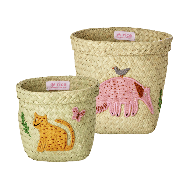 Rice raffia opbevaringskurv rund 2 dele - Animal Embroidery-Pink-Orange - RICE