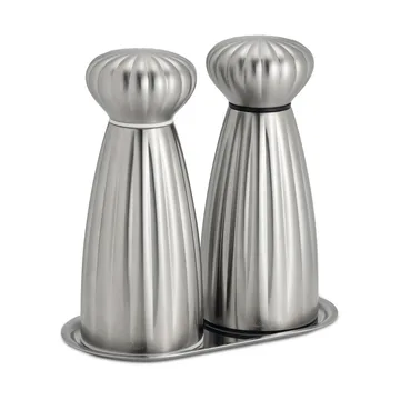 Palm Satin salt- og pebersæt - Small-rostfrit stål, med bakke - Robert Welch