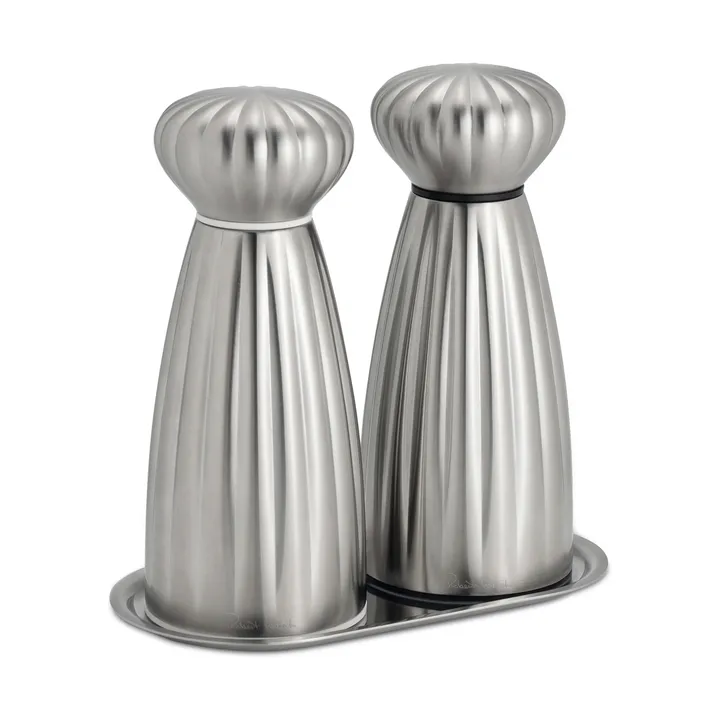 Palm Satin salt- og pebersæt - Small-rostfrit stål, med bakke - Robert Welch
