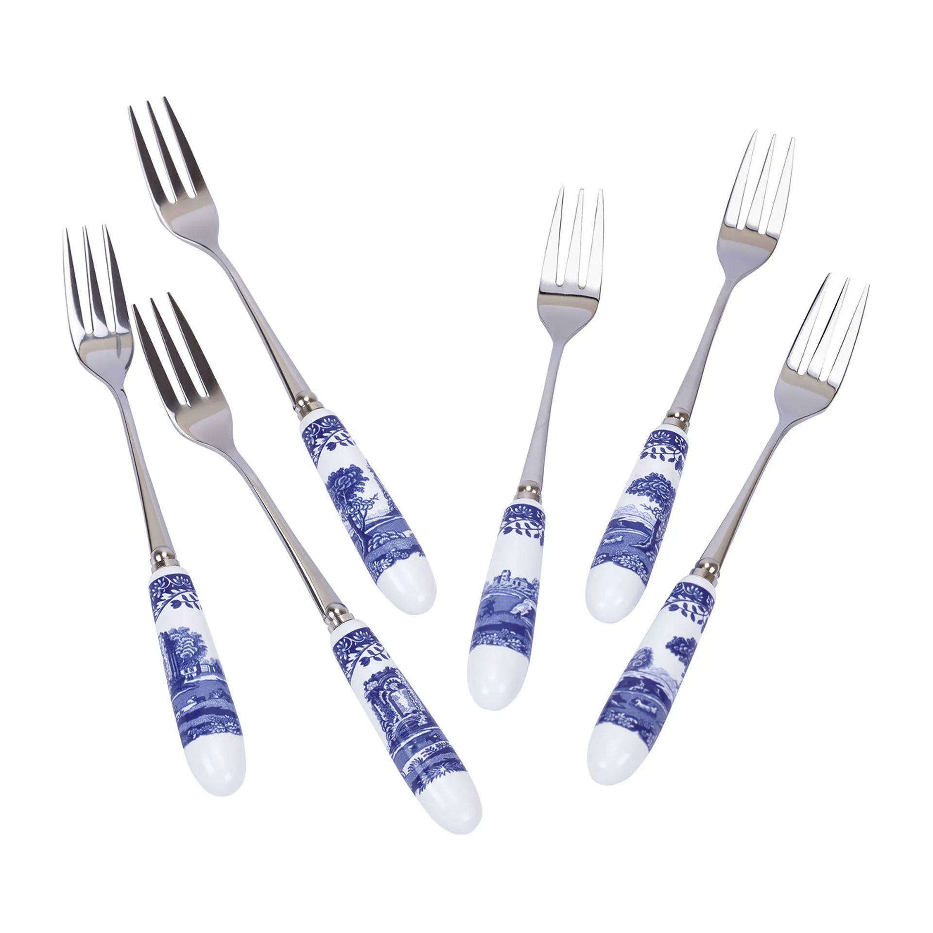 Blue Italian dessertgaffel 6-pak, Keramik/Rustfrit stål Spode