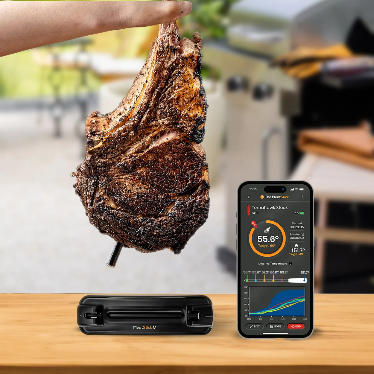 En hånd holder en grillet tomahawk-steak med et trådløst termometer stukket i kødet, og ved siden af viser en telefon 55,6 grader mod et mål på 60