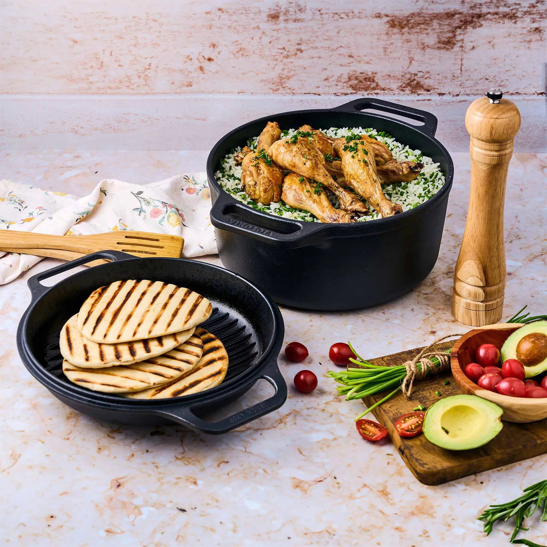 Gryde og grillpande af støbejern, for-krydret, 2 stk. Victoria