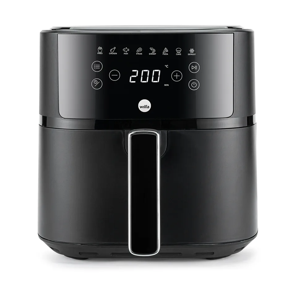 Kantet sort airfryer med mat kabinet, blankt betjeningspanel med programikoner og tallet 200, og én bred skuffe med smalt lodret greb, på hvid bund