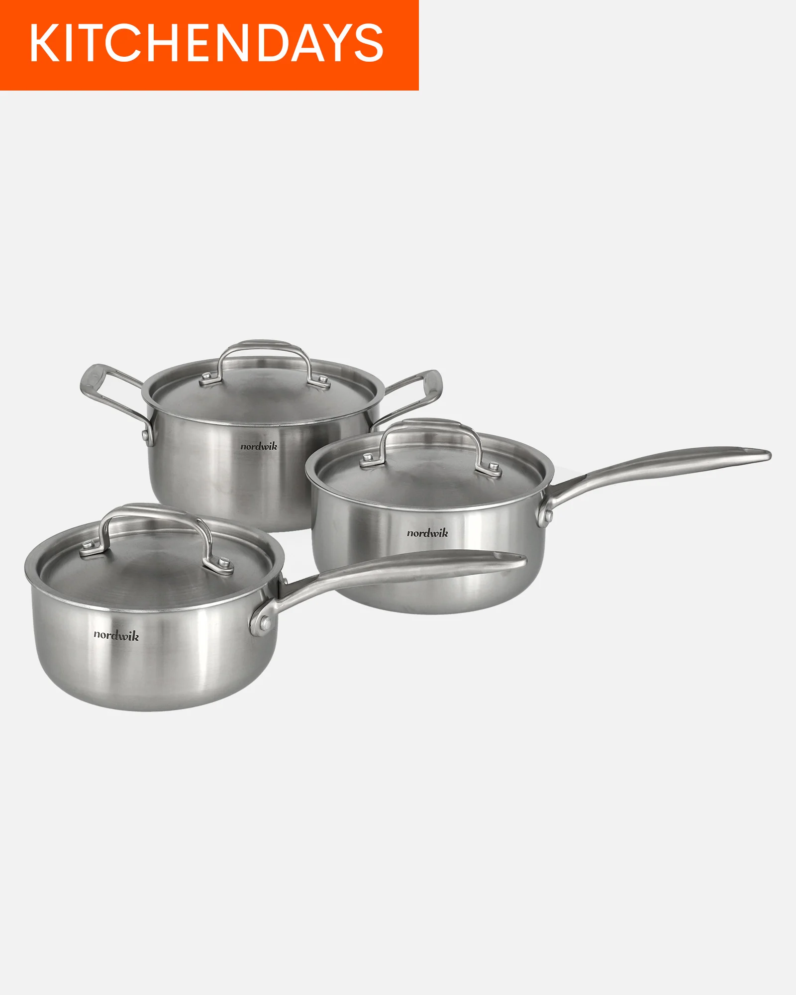 KITCHENDAYS logo over tre gryder og kasseroller i rustfrit stål med låg.