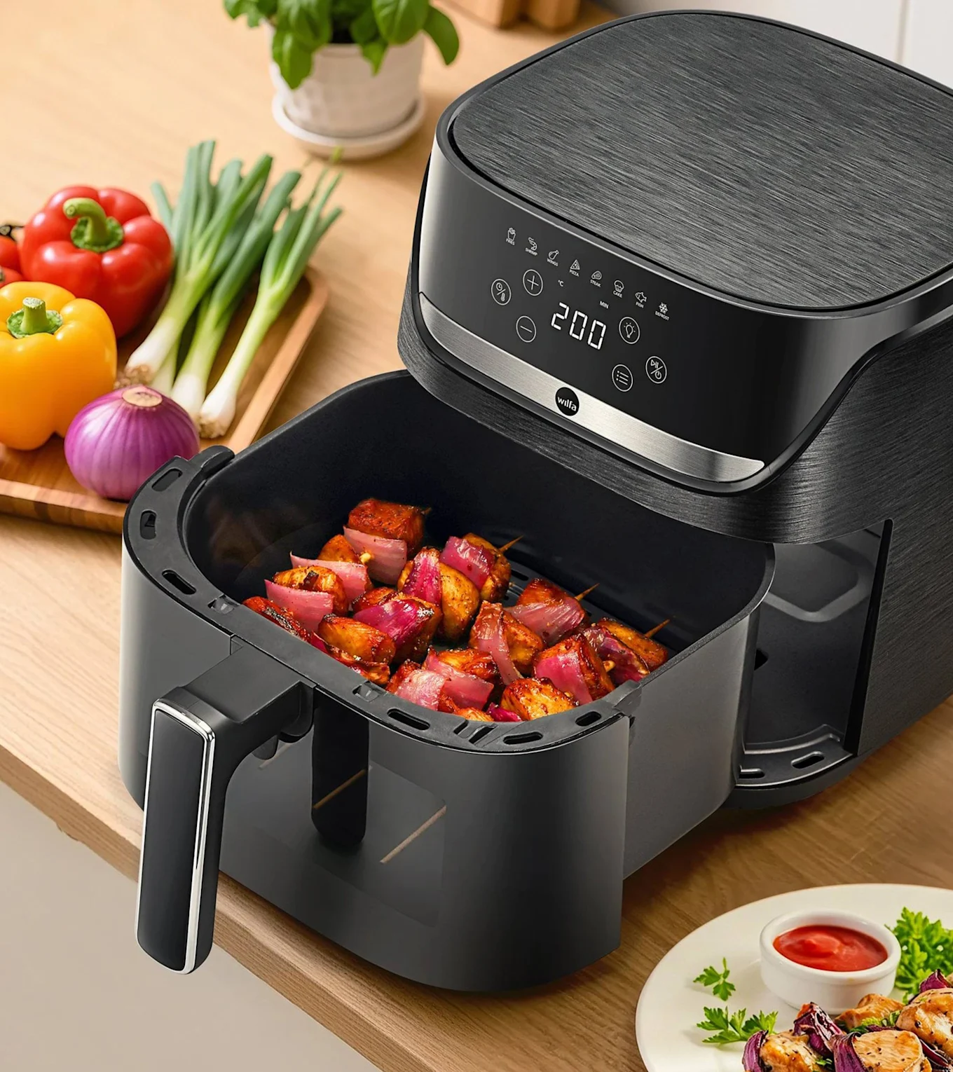 Sort airfryer med kyllinge- og rødløgsskindere, omgivet af friske grøntsager på et træbord.
