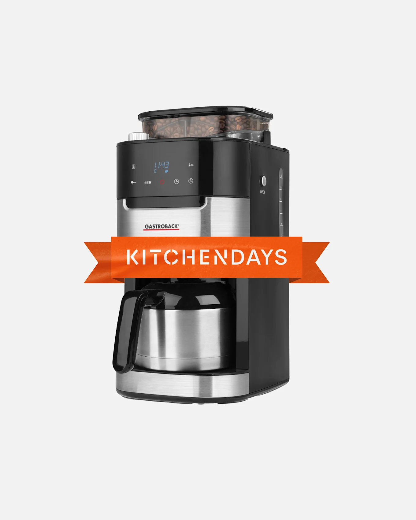 Sort og rustfri stål kaffemaskine med synlige kaffebønner og 'KITCHENDAYS' banner.